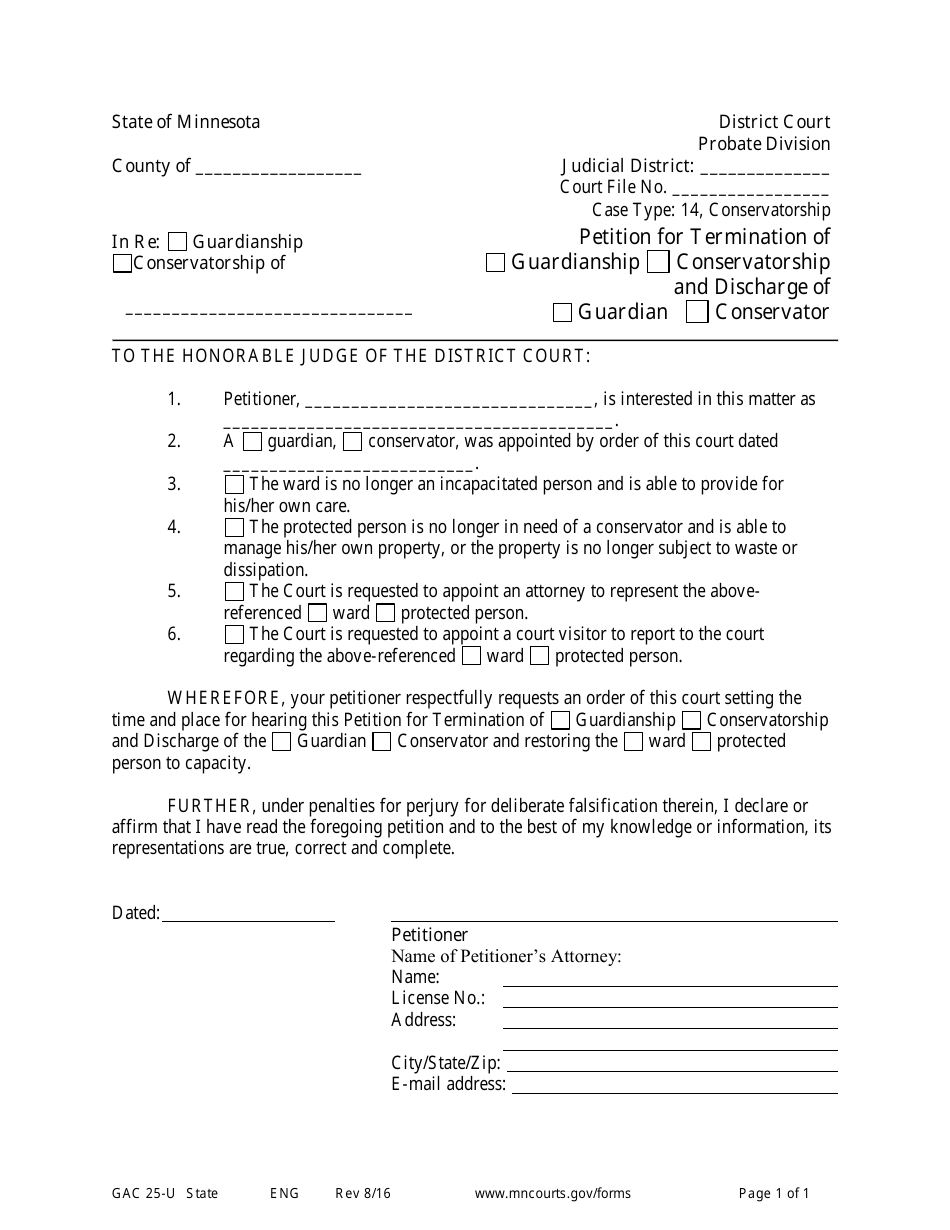 Form GAC25-U Petition for Termination of Guardianship / Conservatorship and Discharge of Guardian / Conservator - Minnesota, Page 1