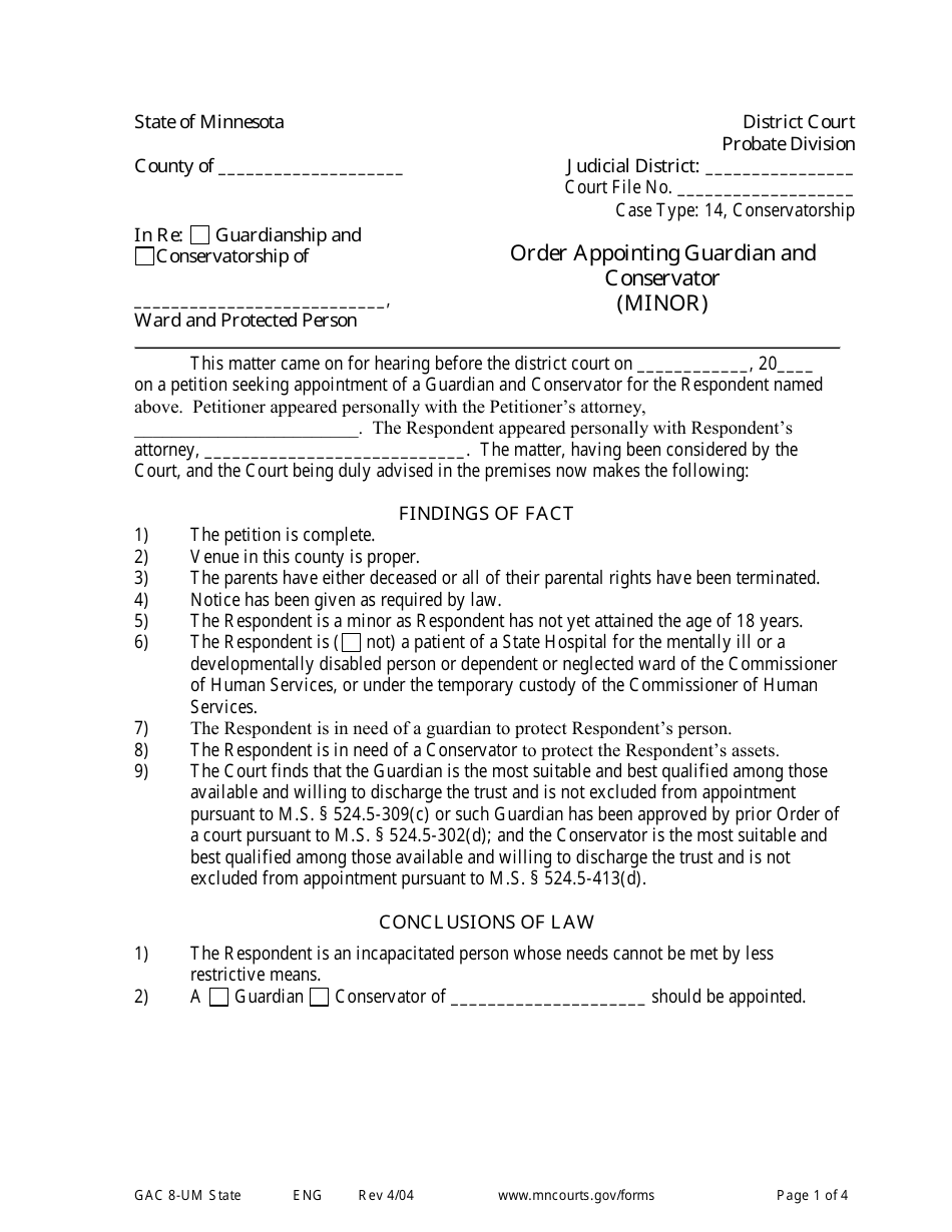 Form GAC8-UM Order Appointing Guardian and Conservator (Minor) - Minnesota, Page 1