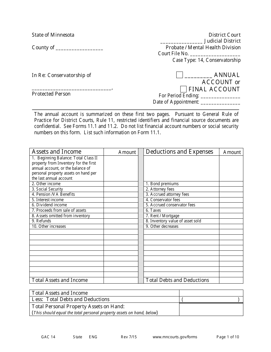 Form GAC14 Annual / Final Account - Minnesota, Page 1