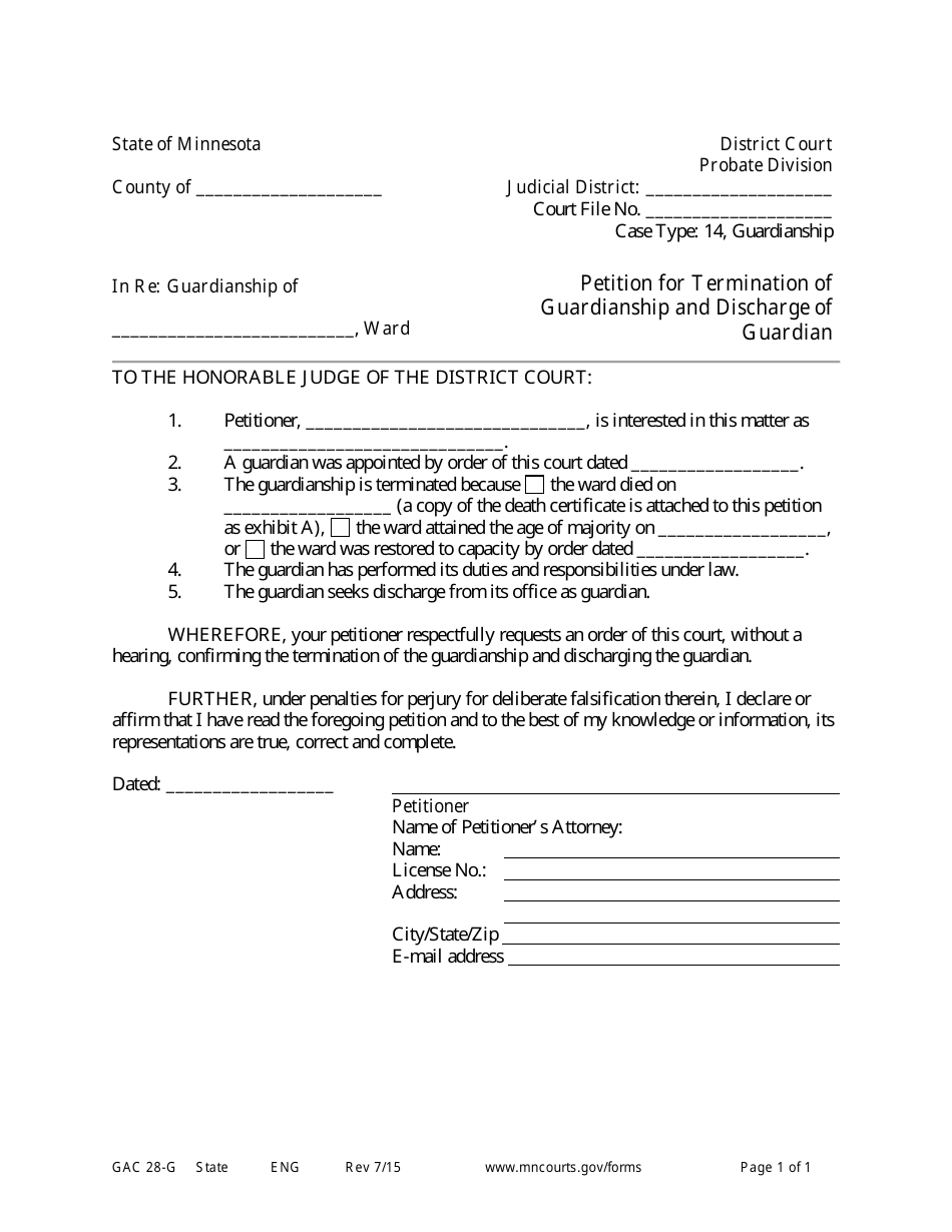 Form GAC28-G Petition for Termination of Guardianship and Discharge of Guardian - Minnesota, Page 1