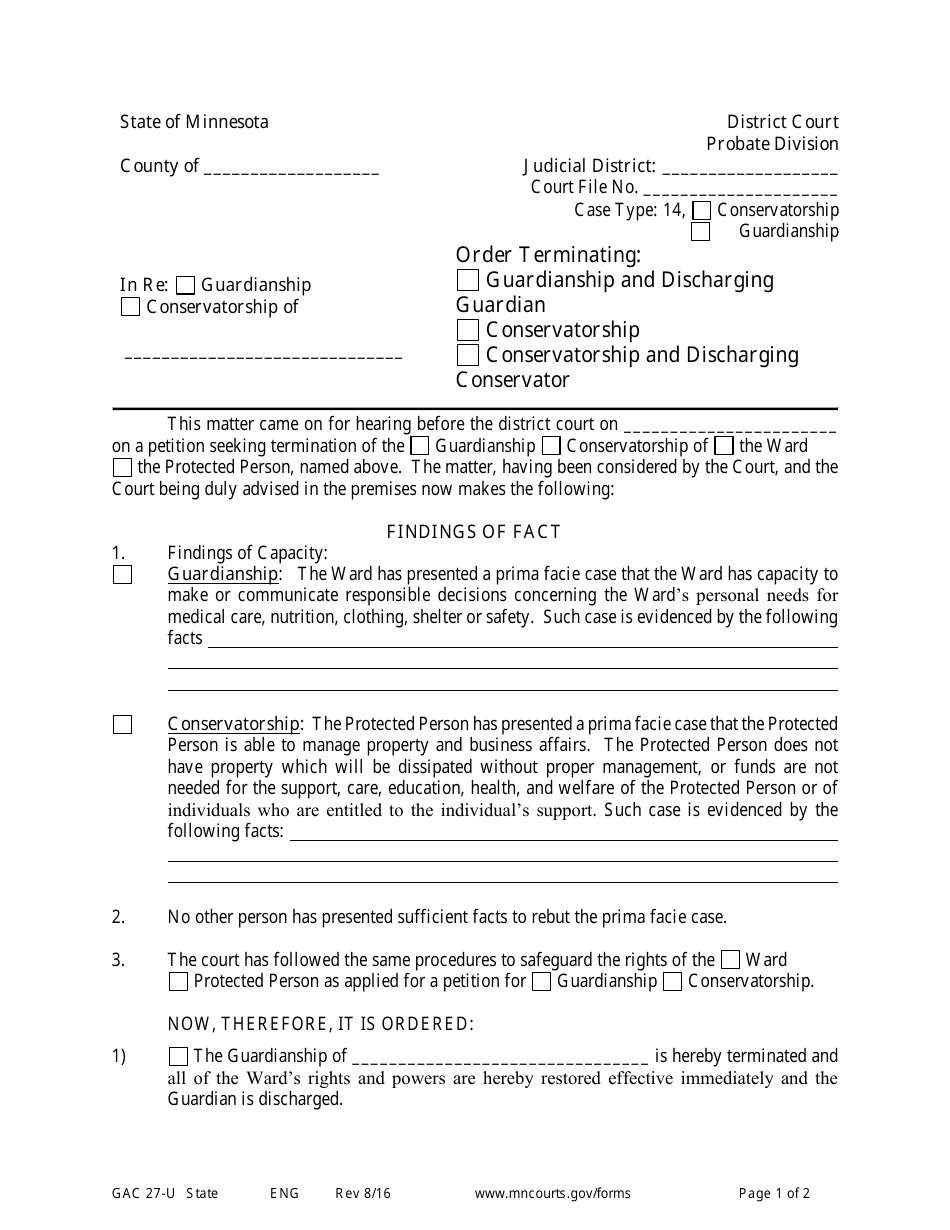 Form GAC27-U Order Terminating Guardianship / Conservatorship and Discharge of Guardian / Conservator - Minnesota, Page 1