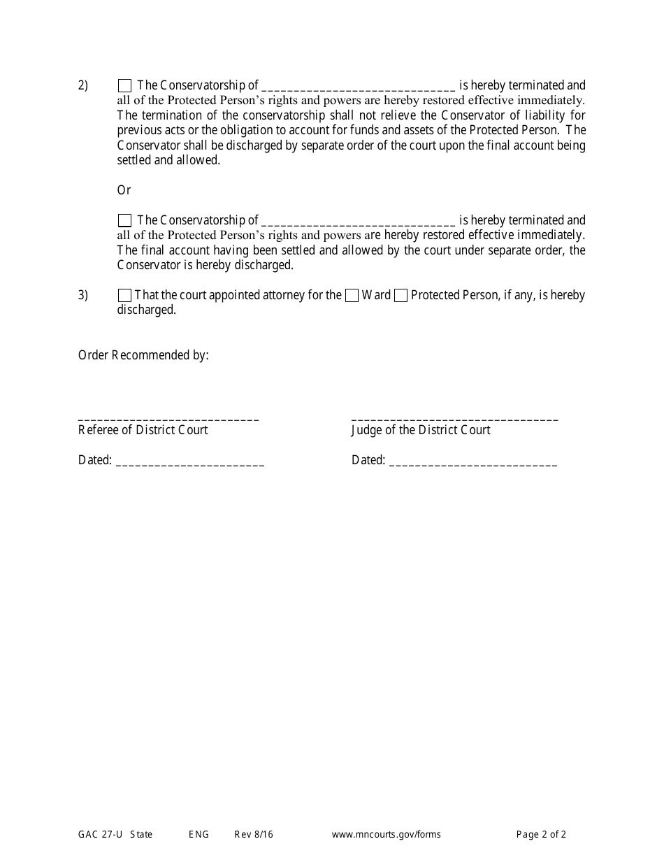 Form GAC27-U Order Terminating Guardianship / Conservatorship and Discharge of Guardian / Conservator - Minnesota, Page 2