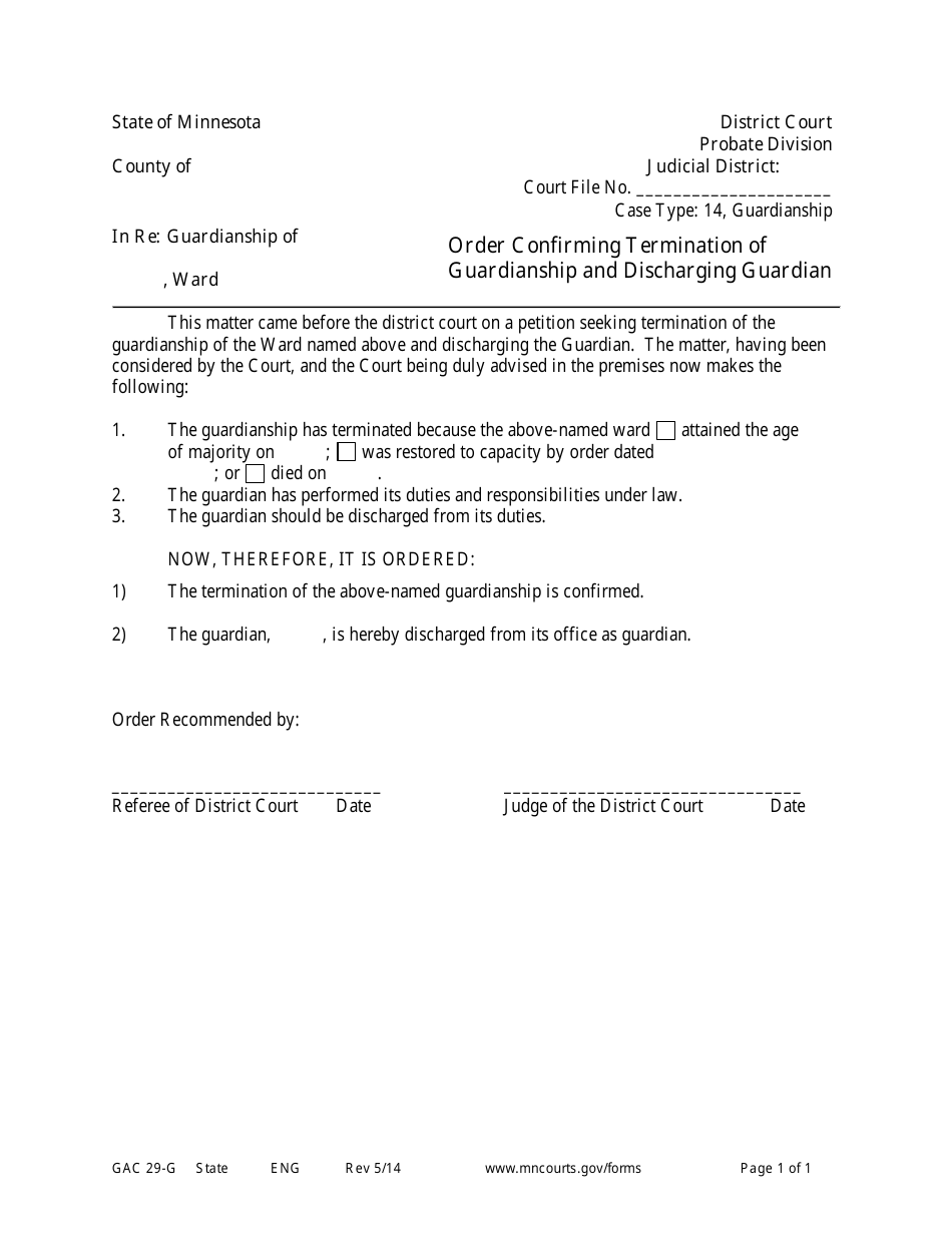 Form GAC29-G Order Confirming Termination of Guardianship and Discharging Guardian - Minnesota, Page 1