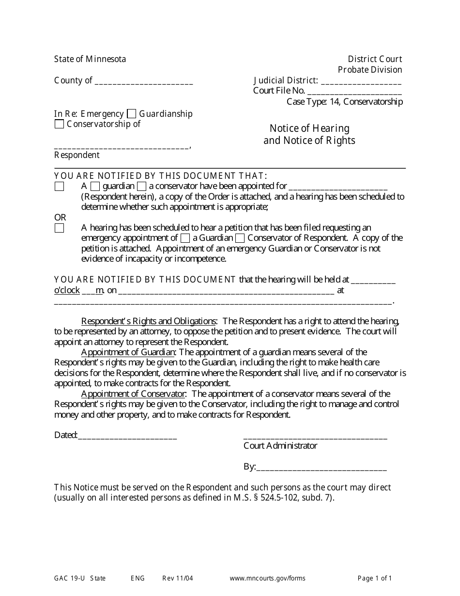 Form GAC19-U Notice of Hearing and Notice of Rights - Minnesota, Page 1