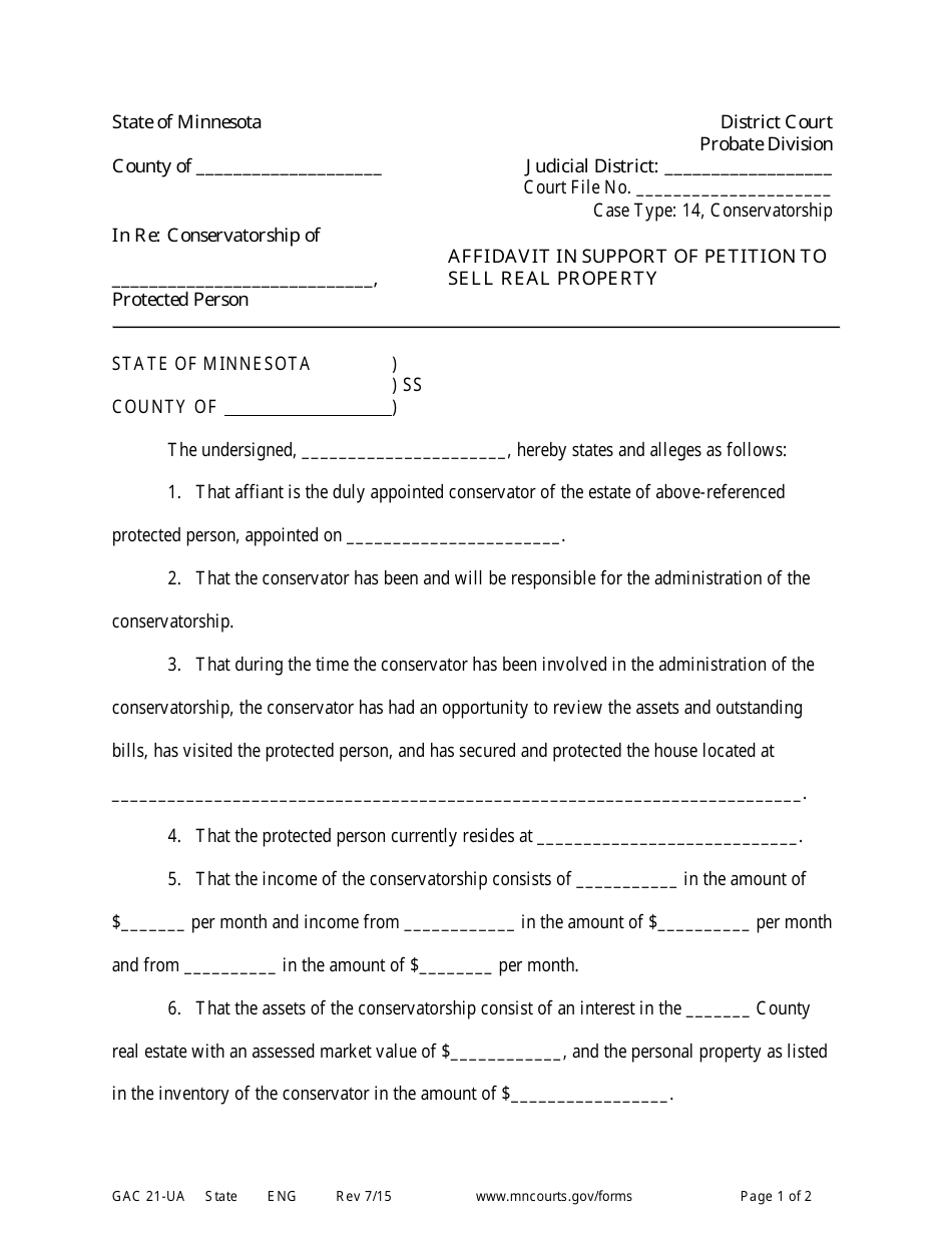 Form GAC21-UA Affidavit in Support of Petition to Sell Real Property - Minnesota, Page 1