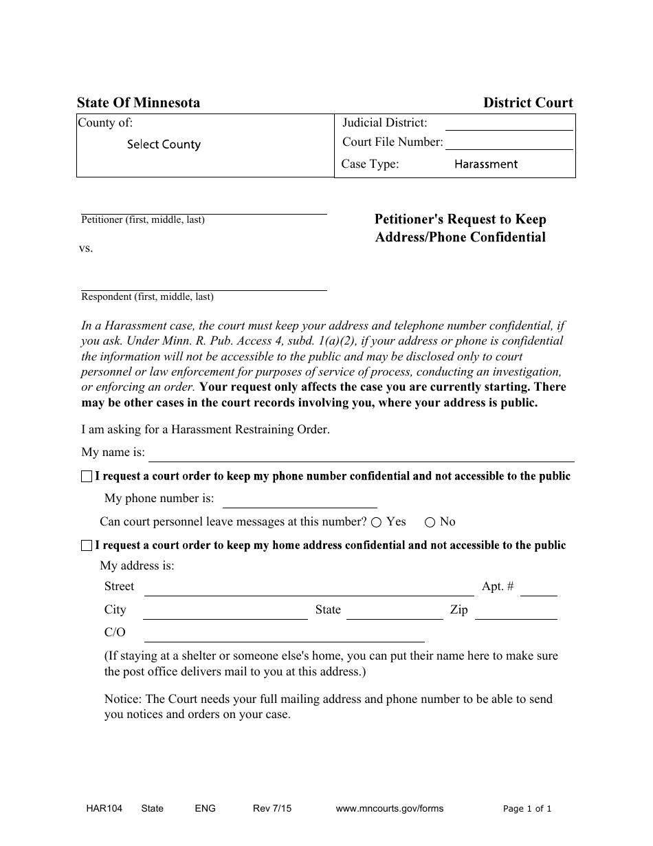 Form HAR104 Petitioners Request to Keep Address / Phone Confidential - Minnesota, Page 1