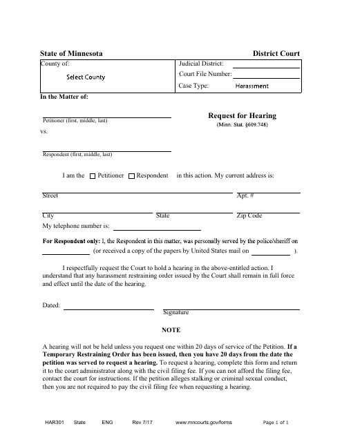 Form HAR301 Request for Hearing - Minnesota