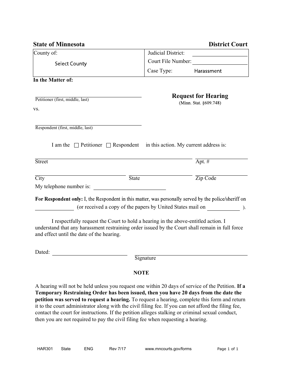 Form HAR301 Request for Hearing - Minnesota, Page 1
