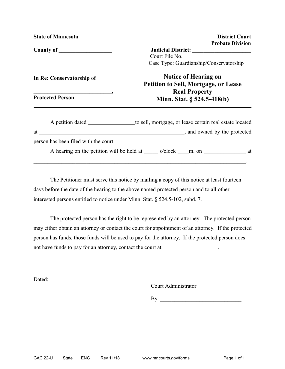 Form GAC22-U Notice of Hearing on Petition to Sell, Mortgage, or Lease Real Property - Minnesota, Page 1