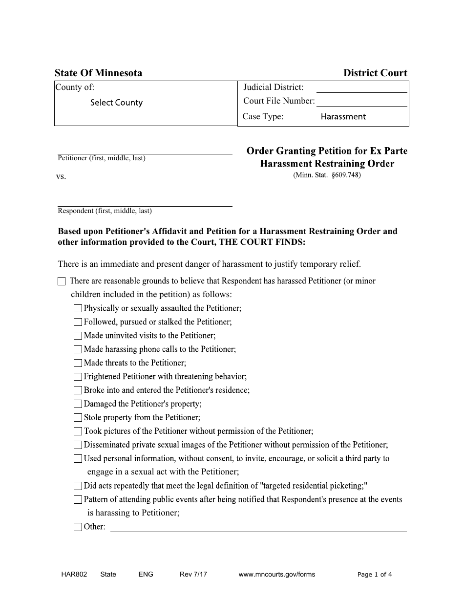 Form HAR802 Order Granting Petition for Ex Parte Harassment Restraining Order - Minnesota, Page 1