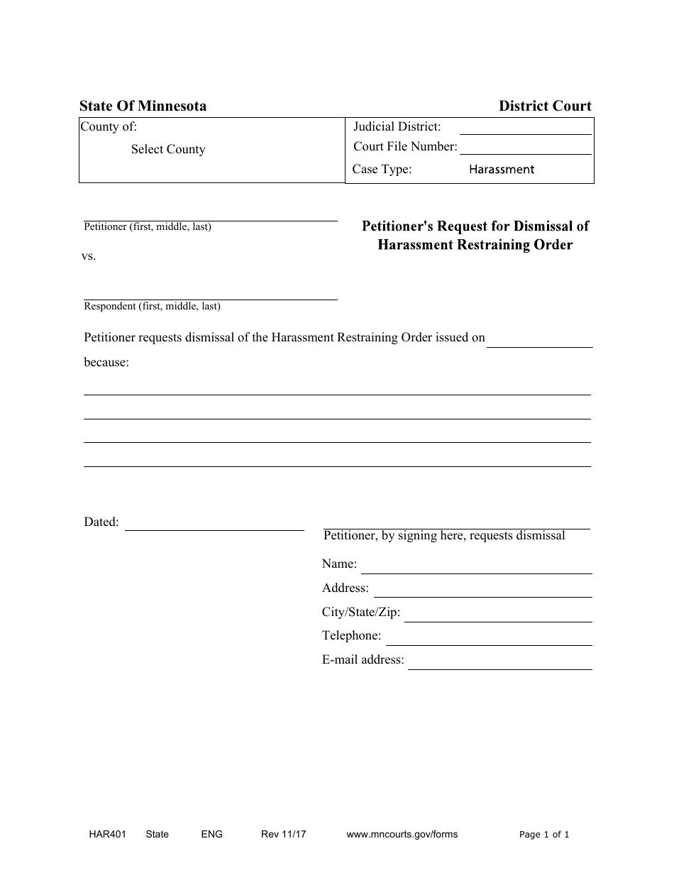 Form HAR401 Petitioners Request for Dismissal of Harassment Restraining Order - Minnesota, Page 1