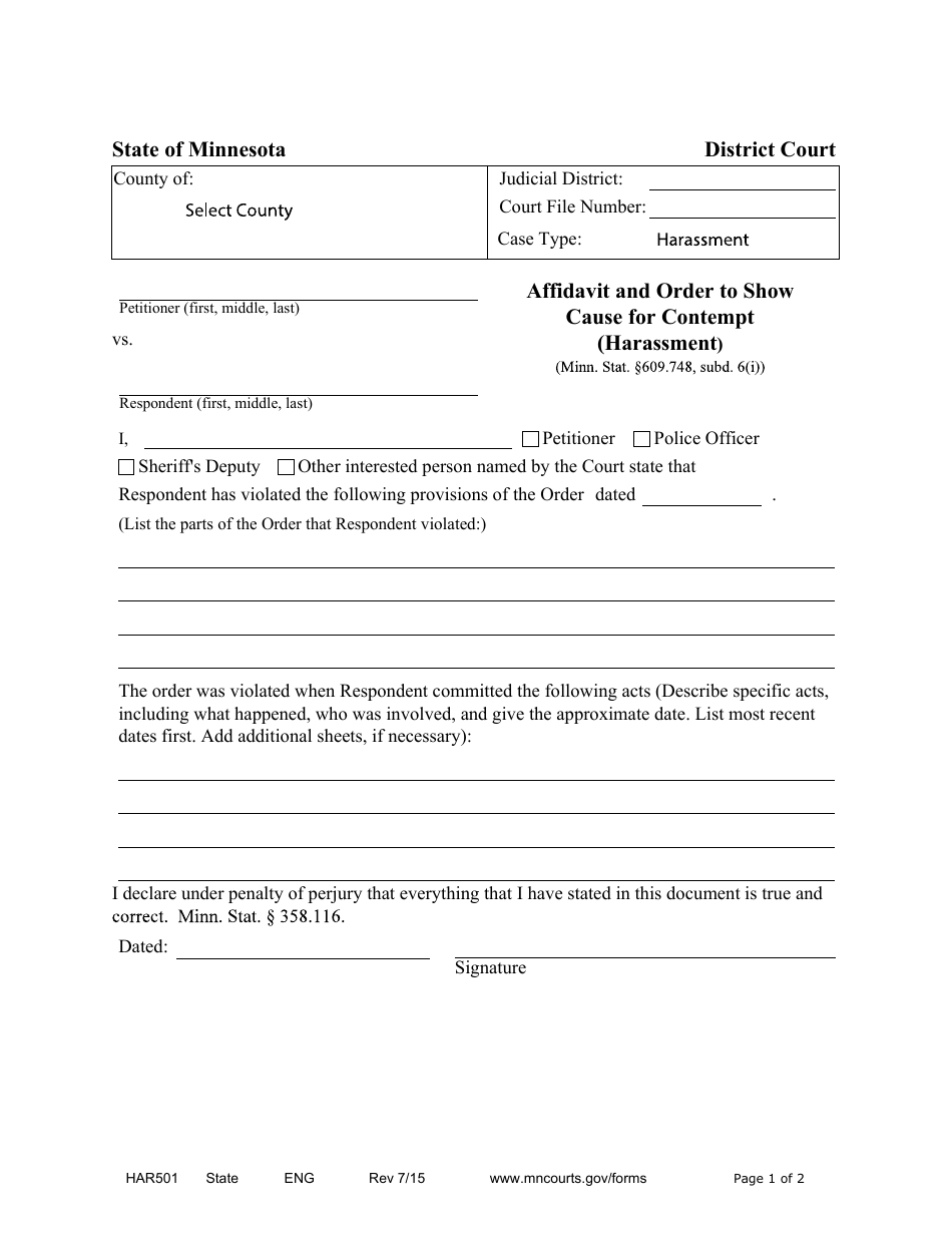 Form HAR501 Affidavit and Order to Show Cause for Contempt - Minnesota, Page 1