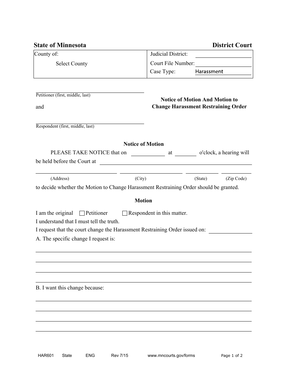 Form HAR601 Notice of Motion and Motion to Change Harassment Restraining Order - Minnesota, Page 1