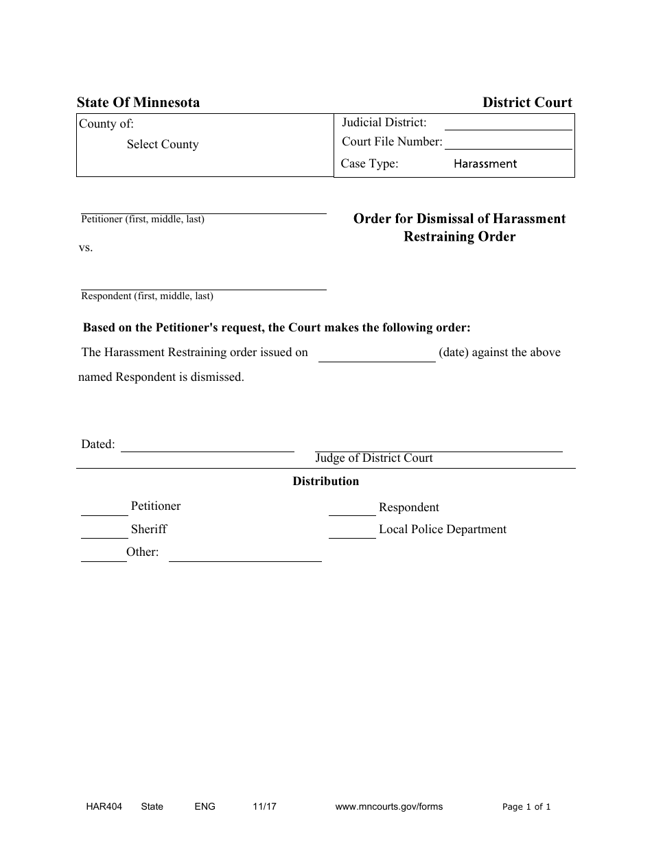 Form HAR404 Order for Dismissal of Harassment Restraining Order - Minnesota, Page 1