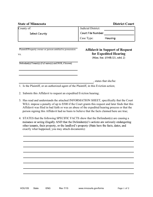 Form HOU105 Affidavit in Suport of Request for Expedited Hearing - Minnesota