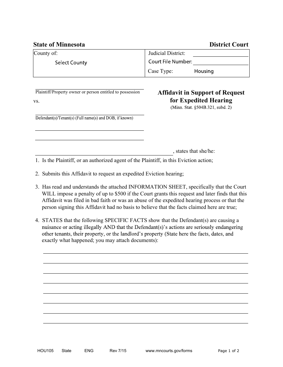 Form HOU105 Affidavit in Suport of Request for Expedited Hearing - Minnesota, Page 1