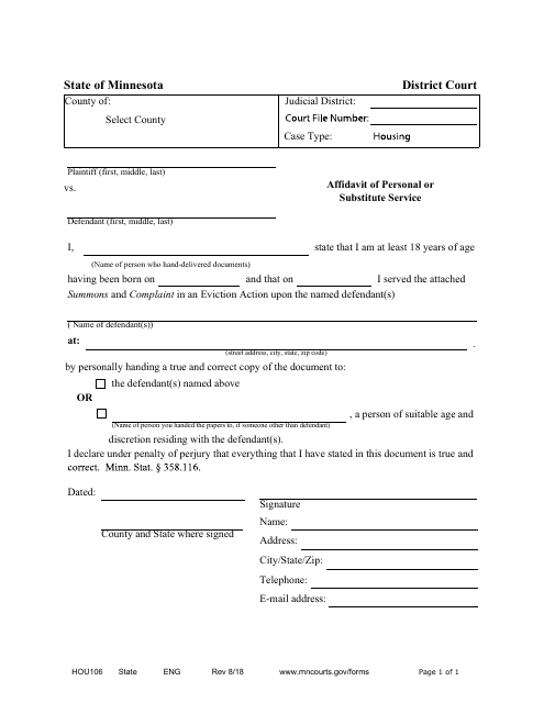 Form HOU106 Affidavit of Personal Service - Minnesota