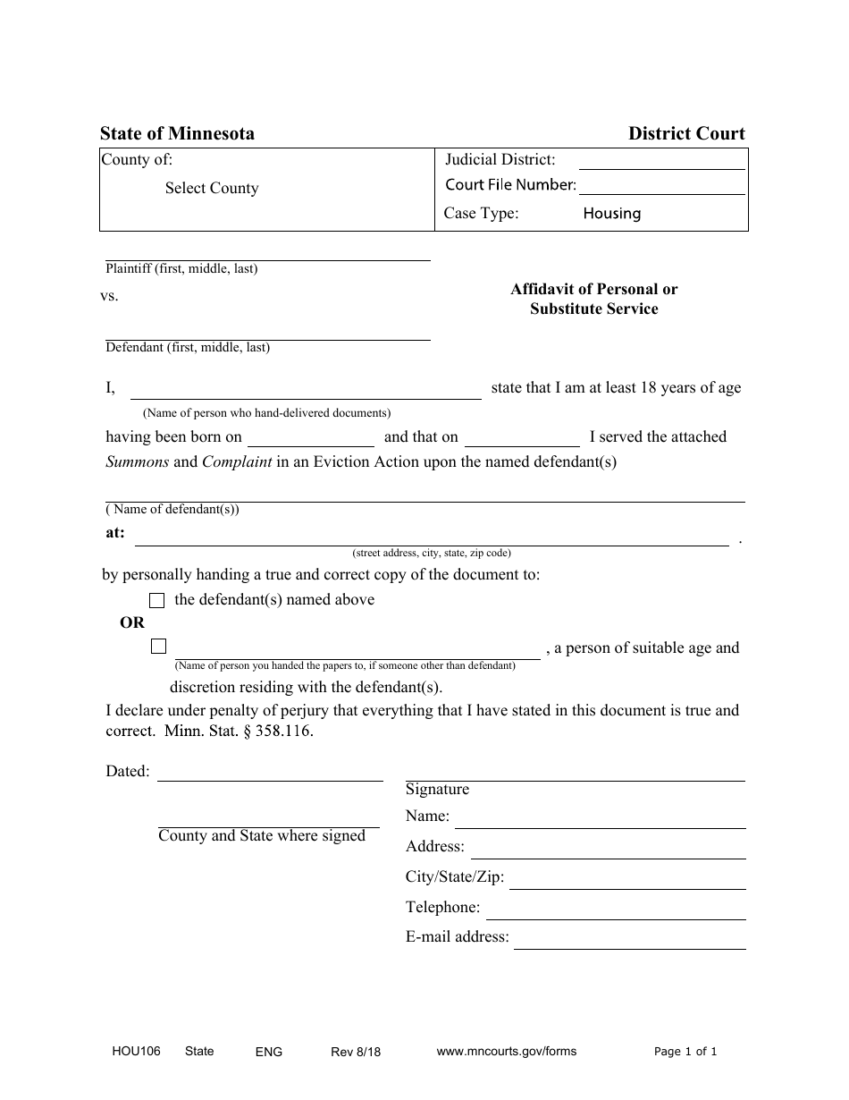 Form HOU106 Affidavit of Personal Service - Minnesota, Page 1
