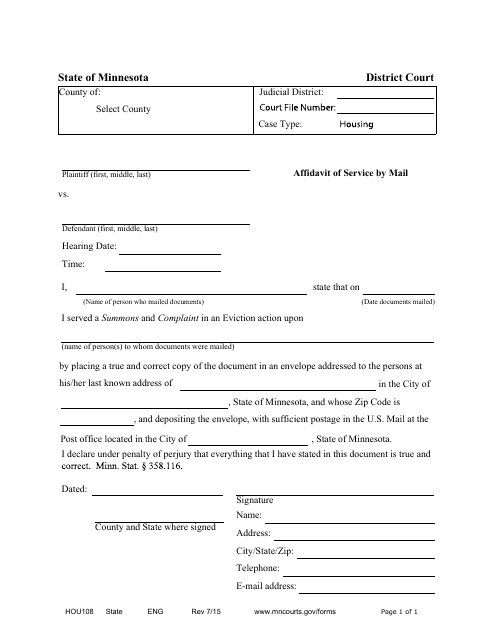 Form HOU108 Affidavit of Service by Mail - Minnesota