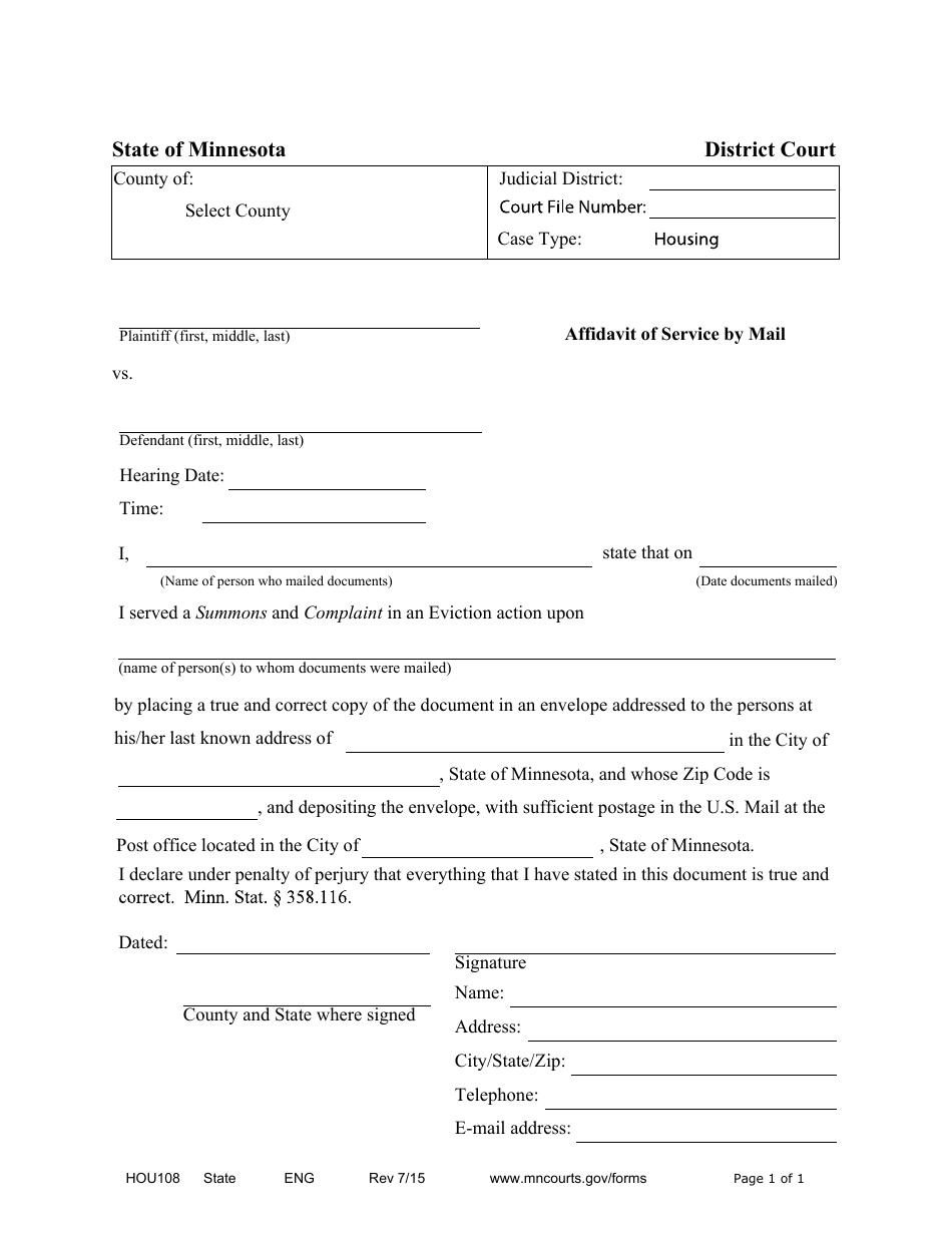 Form HOU108 Affidavit of Service by Mail - Minnesota, Page 1