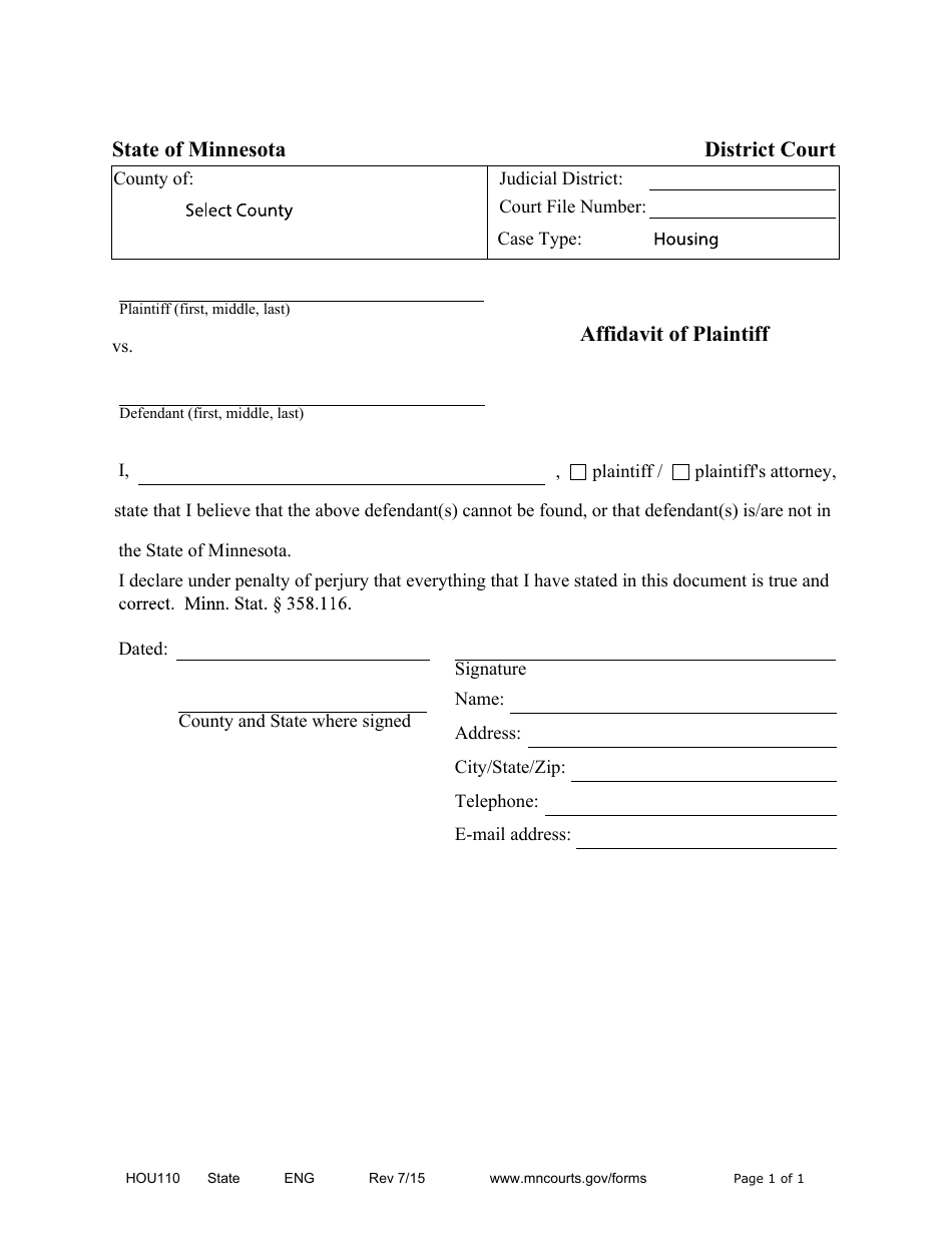 Form HOU110 Affidavit of Plaintiff - Minnesota, Page 1