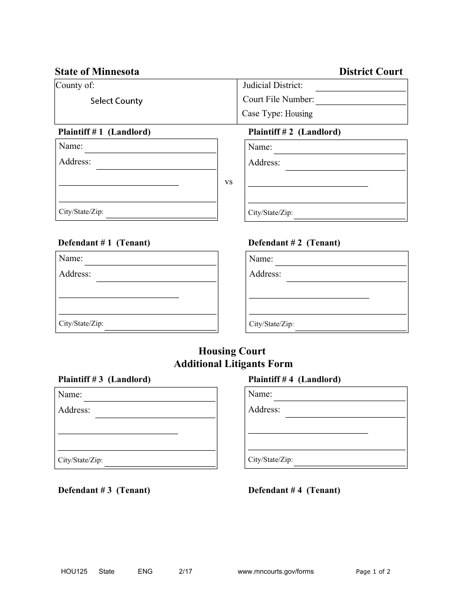 Form HOU125 Housing Court Additional Litigants Form - Minnesota, Page 1