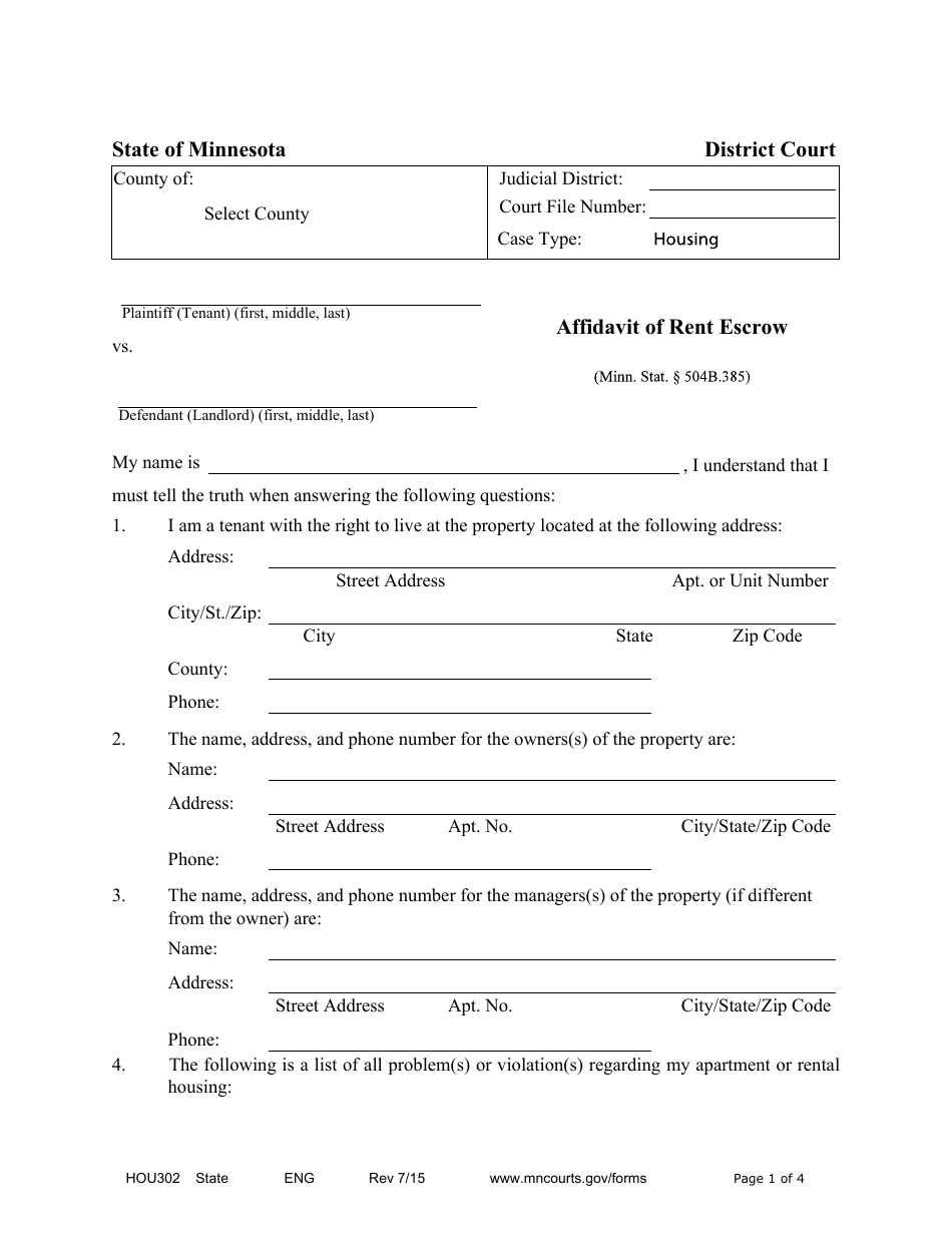 Form HOU302 Affidavit for Escrow of Rent - Minnesota, Page 1