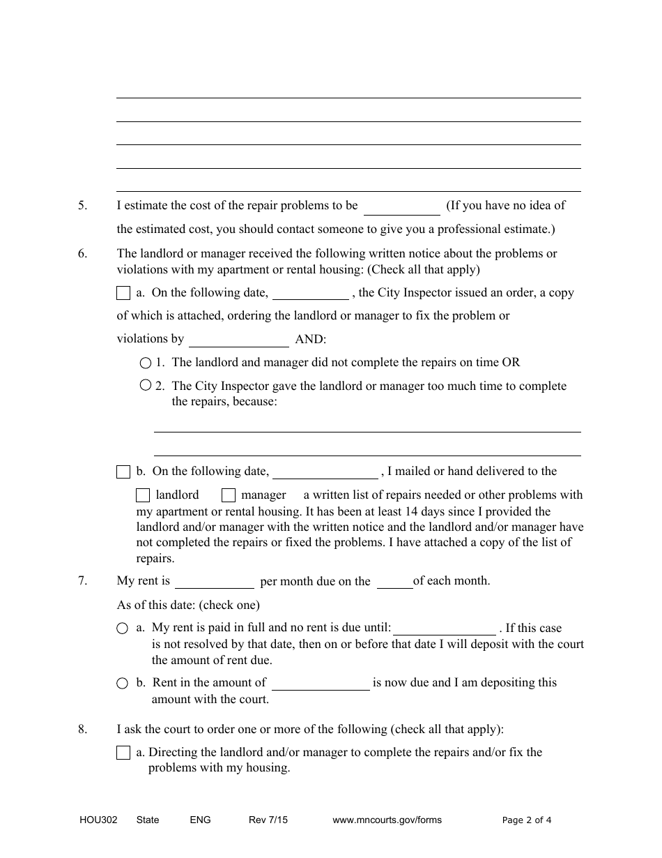 Form HOU302 Affidavit for Escrow of Rent - Minnesota, Page 2