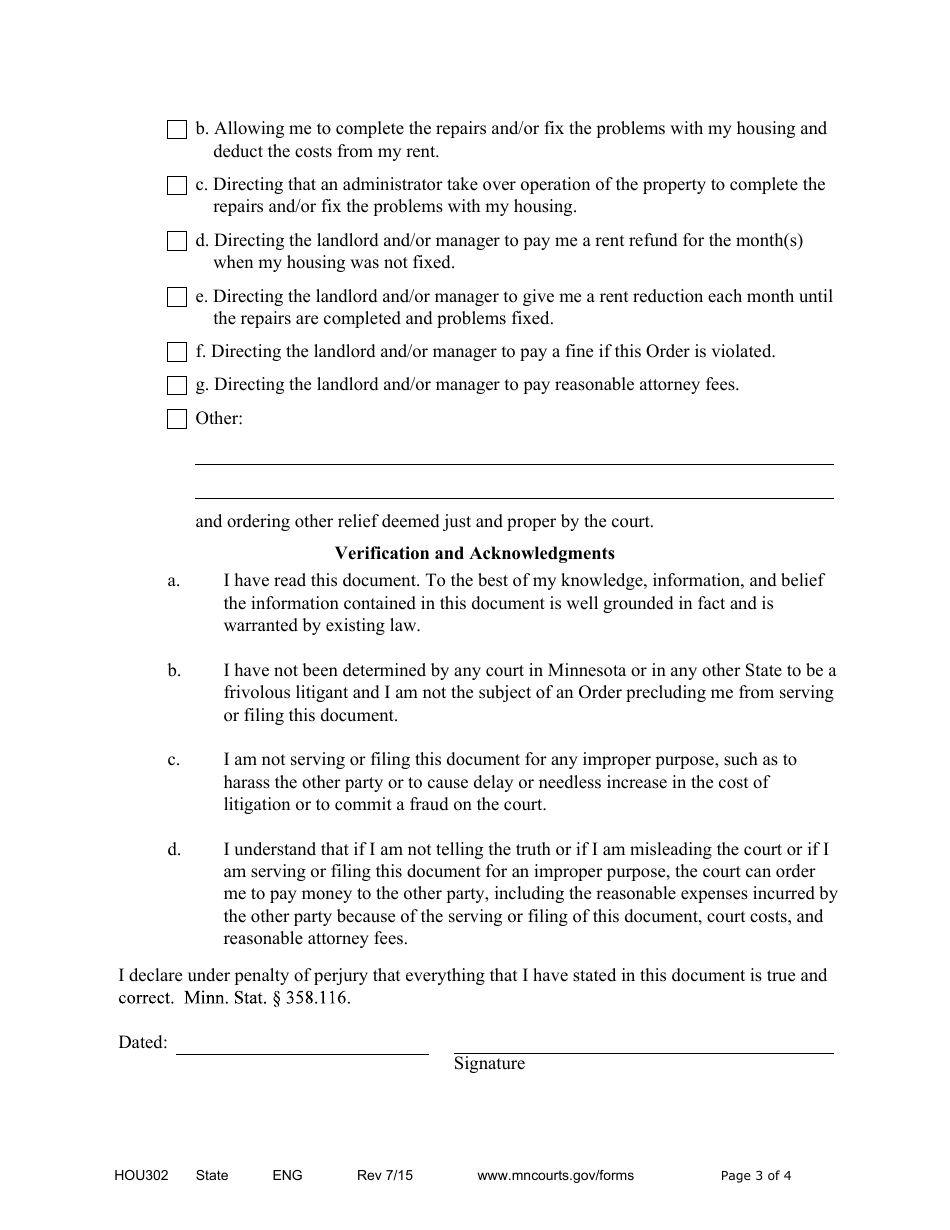 Form HOU302 Affidavit for Escrow of Rent - Minnesota, Page 3