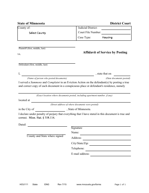 Form HOU111 Affidavit of Service by Posting - Minnesota