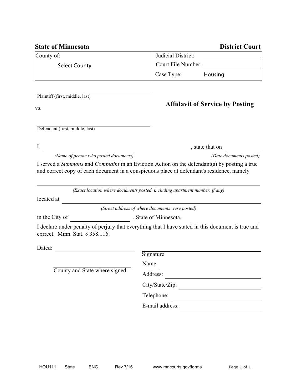 Form HOU111 Affidavit of Service by Posting - Minnesota, Page 1