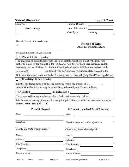 Form HOU303 Release of Rent - Minnesota