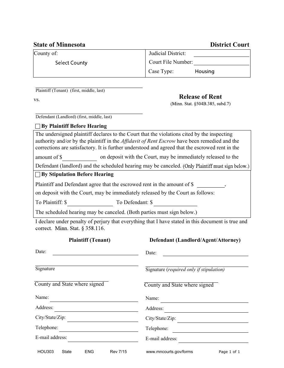 Form HOU303 Release of Rent - Minnesota, Page 1