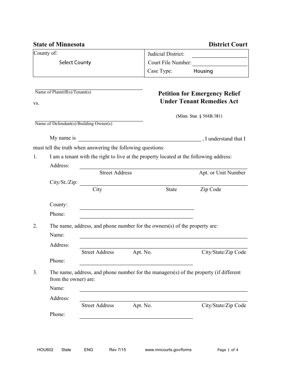 Form HOU602 Petition for Emergency Relief Under Tenant Remedies Act - Minnesota, Page 1