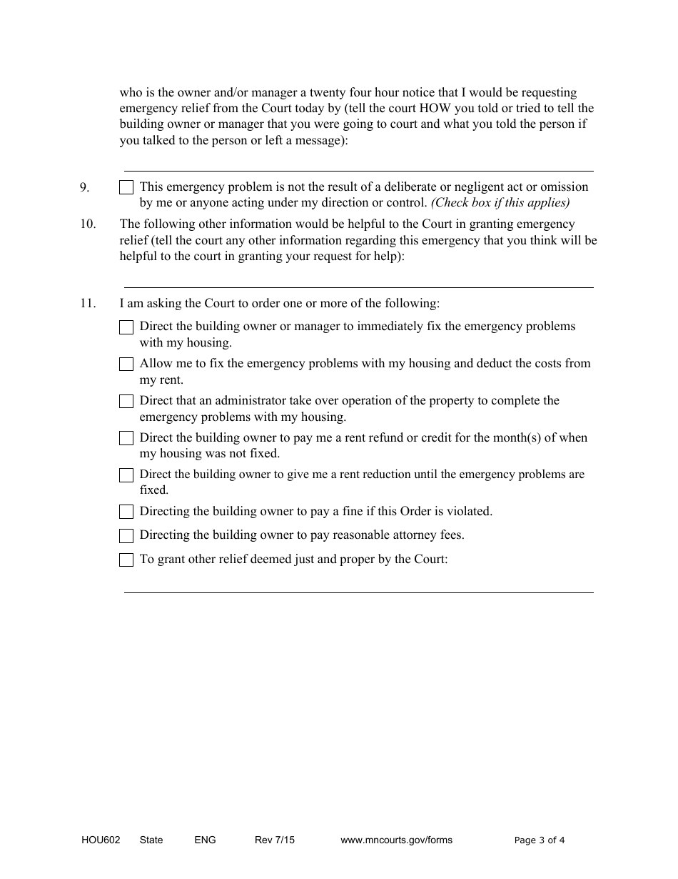 Form HOU602 Petition for Emergency Relief Under Tenant Remedies Act - Minnesota, Page 3
