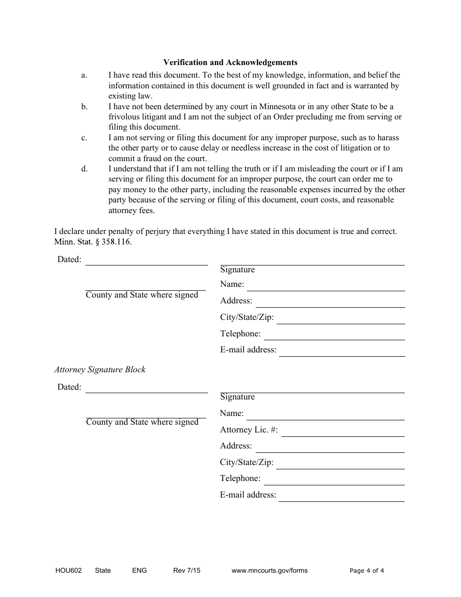 Form HOU602 Petition for Emergency Relief Under Tenant Remedies Act - Minnesota, Page 4