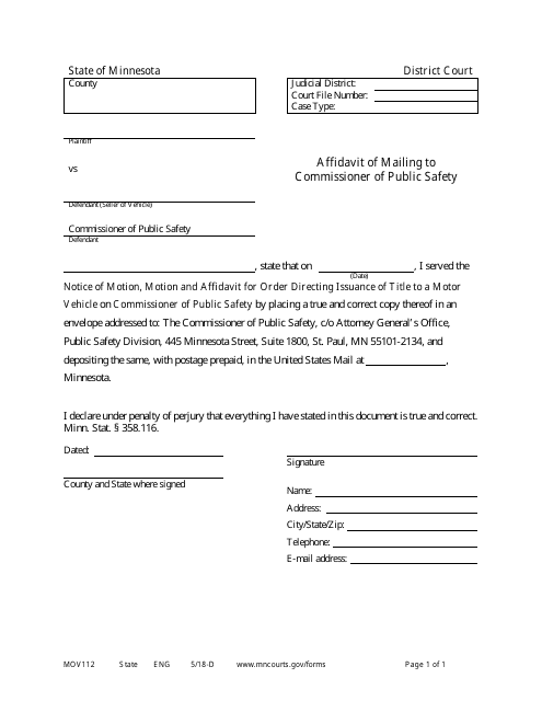 Form MOV112 Affidavit of Mailing to Commissioner of Public Safety - Minnesota