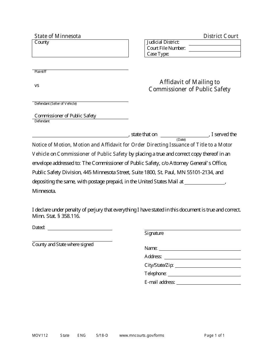 Form MOV112 Affidavit of Mailing to Commissioner of Public Safety - Minnesota, Page 1