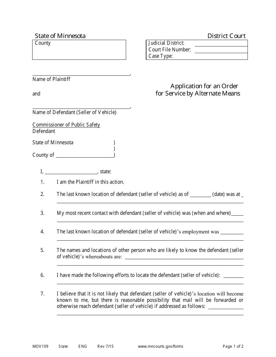 Form MOV109 Application for an Order or Service by Alternate Means - Minnesota, Page 1