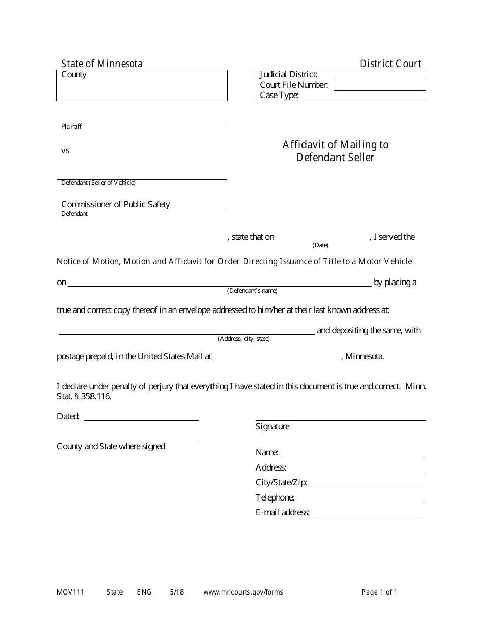 Form MOV111 Affidavit of Mailing to Defendant Seller - Minnesota, Page 1