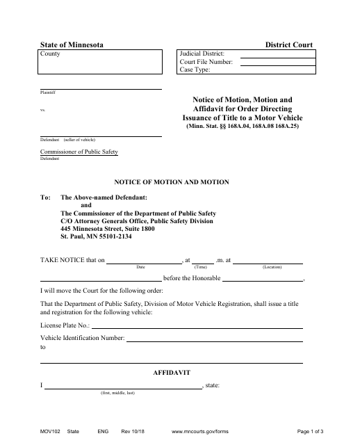 Form MOV102 Notice of Motion, Motion and Affidavit for Order Directing Issuance of Title to a Motor Vehicle - Minnesota