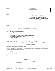 Form MOV102 Notice of Motion, Motion and Affidavit for Order Directing Issuance of Title to a Motor Vehicle - Minnesota