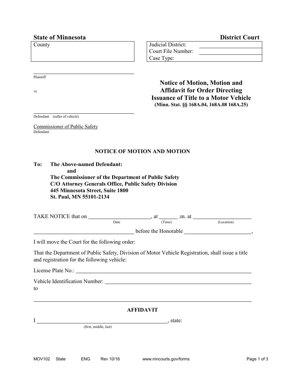 Form MOV102 Notice of Motion, Motion and Affidavit for Order Directing Issuance of Title to a Motor Vehicle - Minnesota, Page 1