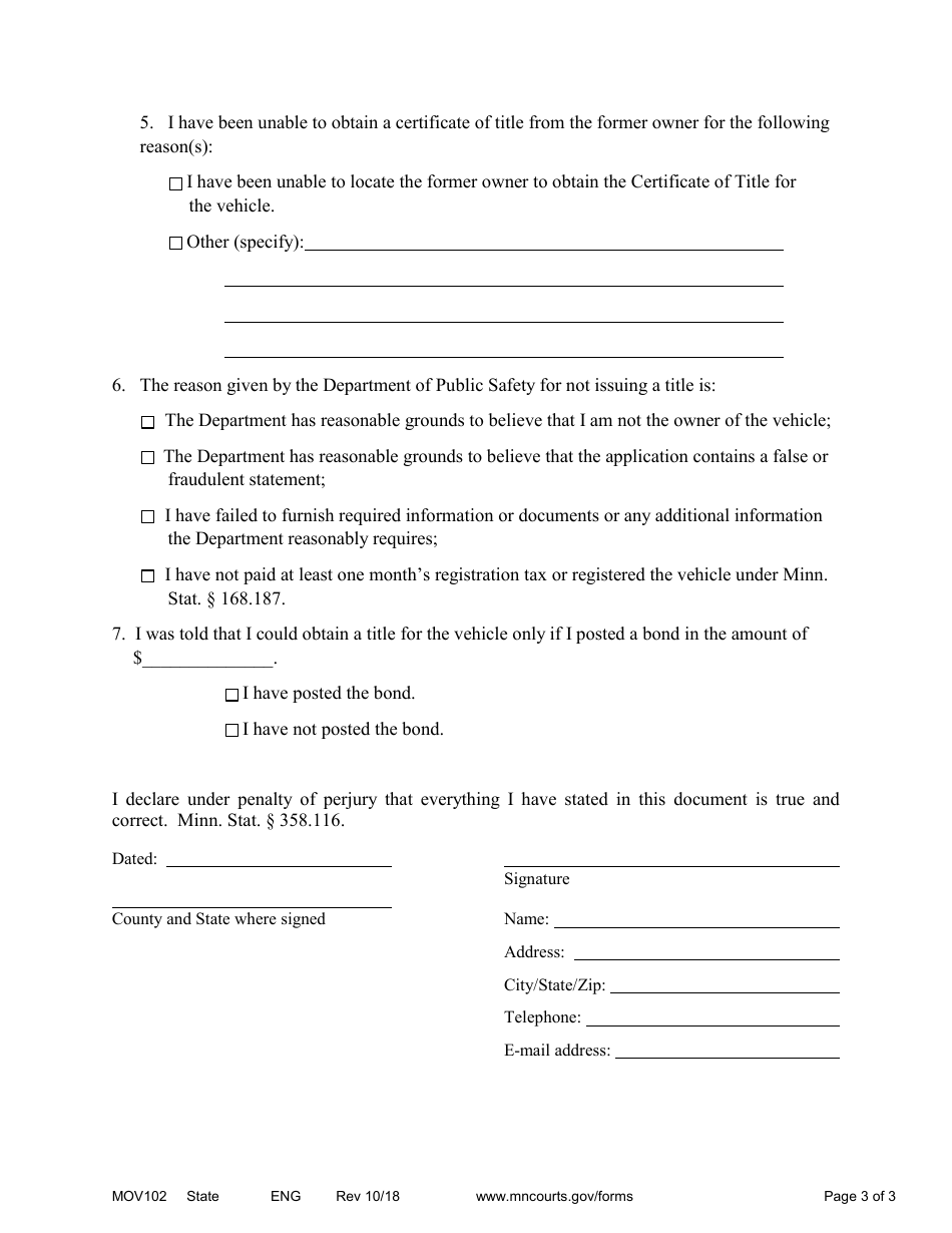 Form MOV102 Notice of Motion, Motion and Affidavit for Order Directing Issuance of Title to a Motor Vehicle - Minnesota, Page 3