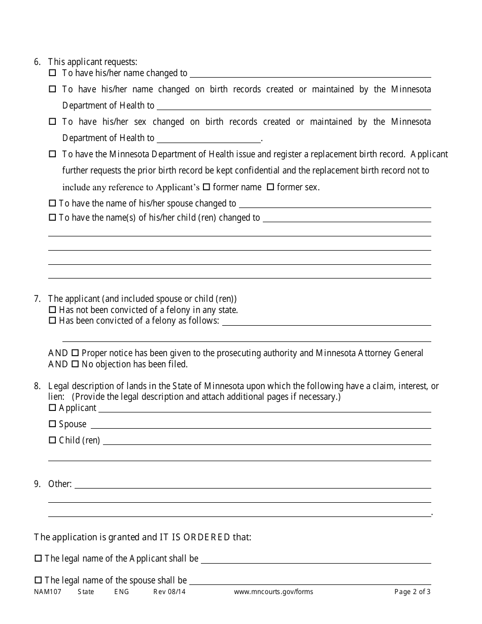 Form NAM107 Order Granting Name Change and Other Relief - Minnesota, Page 2