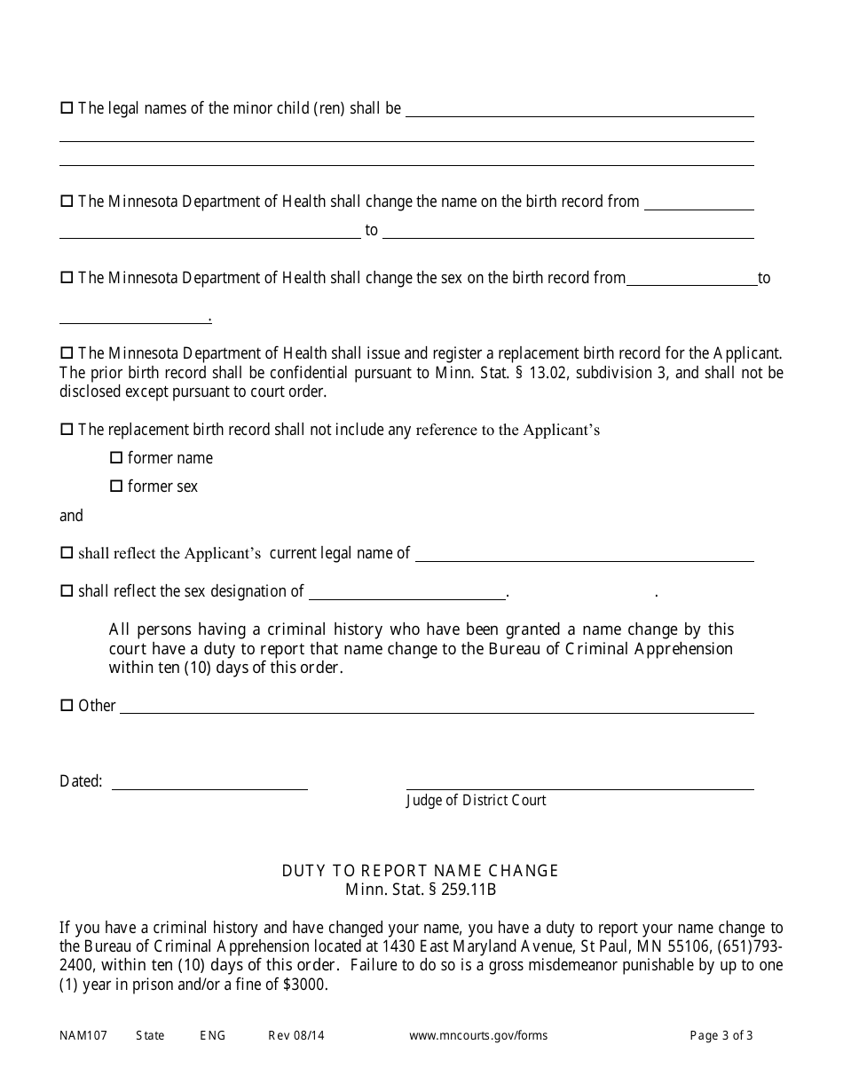 Form NAM107 Order Granting Name Change and Other Relief - Minnesota, Page 3