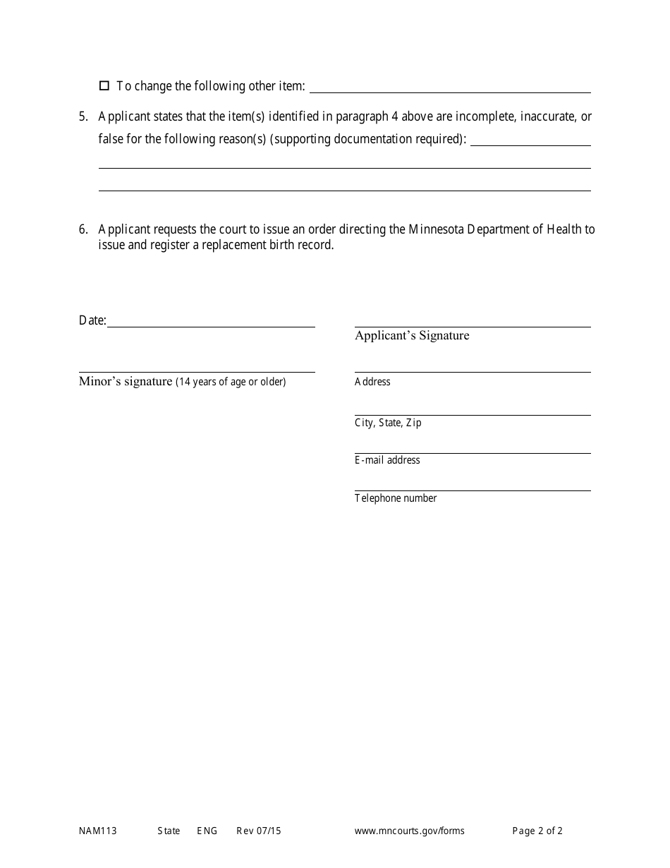 Form NAM113 Motion to Replace Birth Record - Minnesota, Page 2