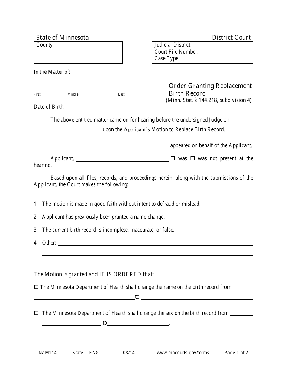Form NAM114 Order Granting Replacement Birth Record - Minnesota, Page 1