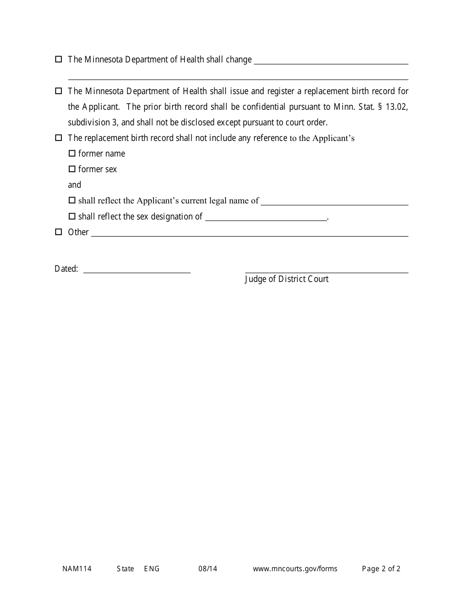 Form NAM114 Order Granting Replacement Birth Record - Minnesota, Page 2