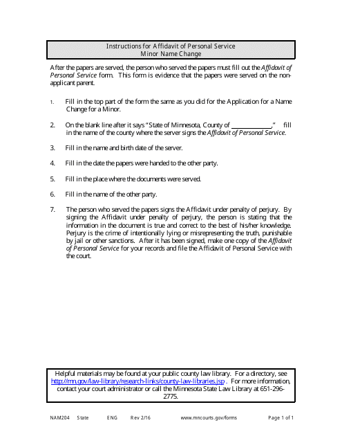 Form NAM204 Instructions for Affidavit of Personal Service - Minnesota